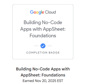 Building No-Code Apps with AppSheet: Foundations certificate