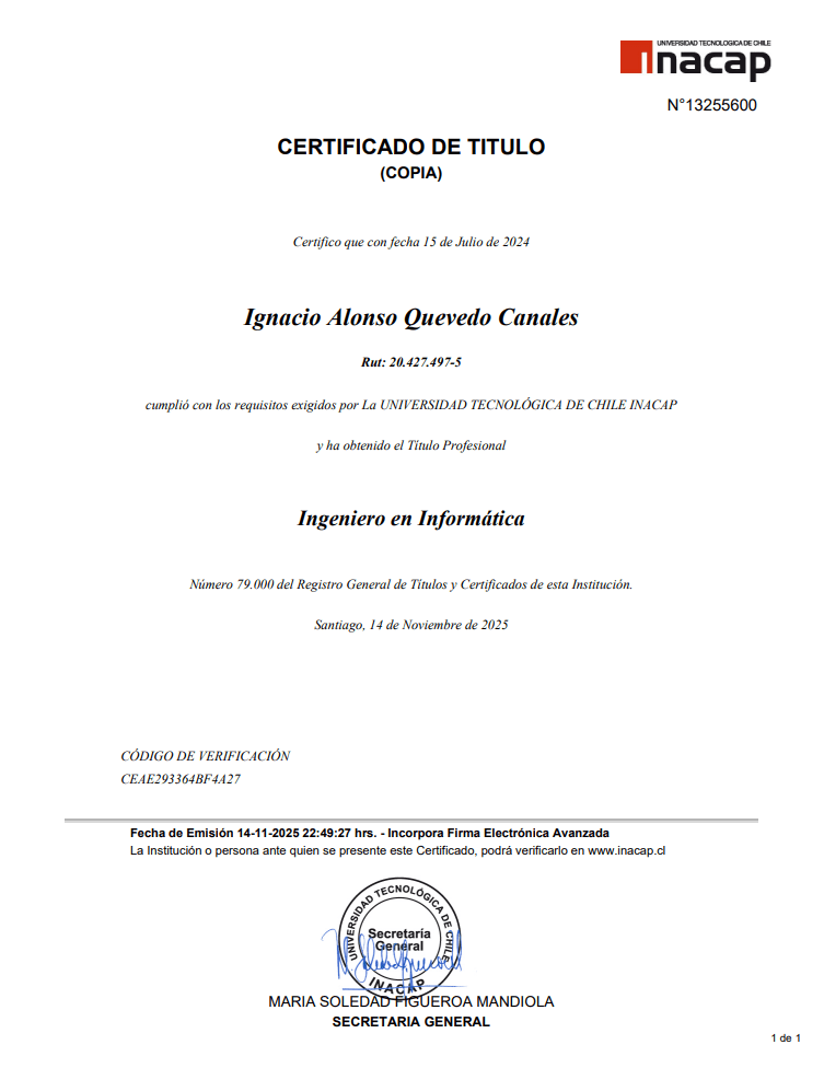 Ingeniería en Informática certificate