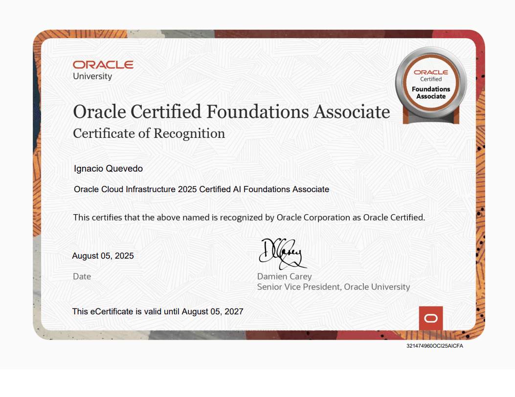 Oracle Cloud Infraestructure 2025 Certified AI Foundations Associate certificate